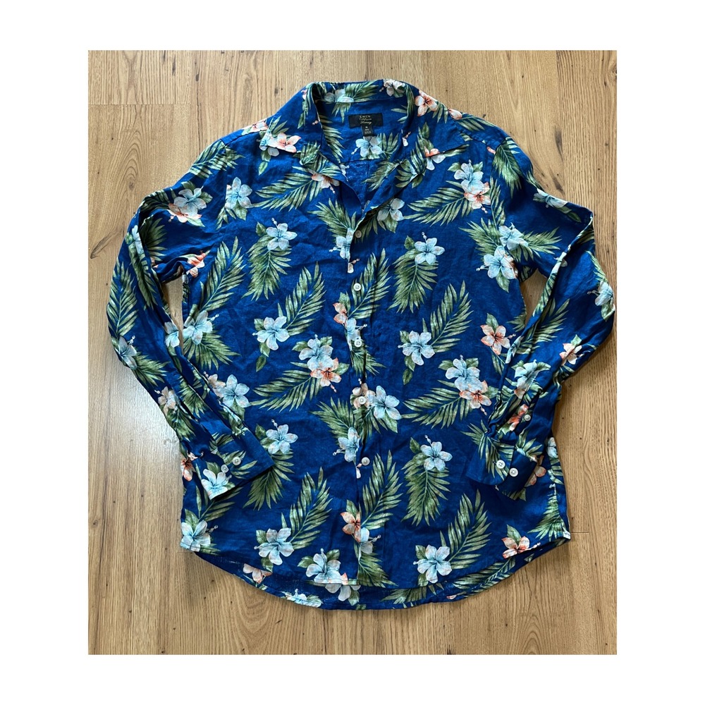 Club Room Linen Luxury Shirt Mens M Blue Floral Tropical Button Down Long Sleeve - Picture 2 of 8